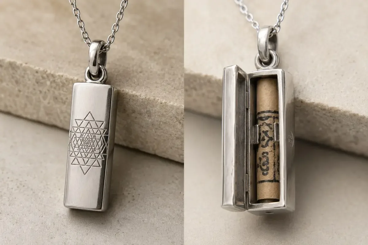 TRINETRA signature pendant in 925 sterling silver, shown closed and open